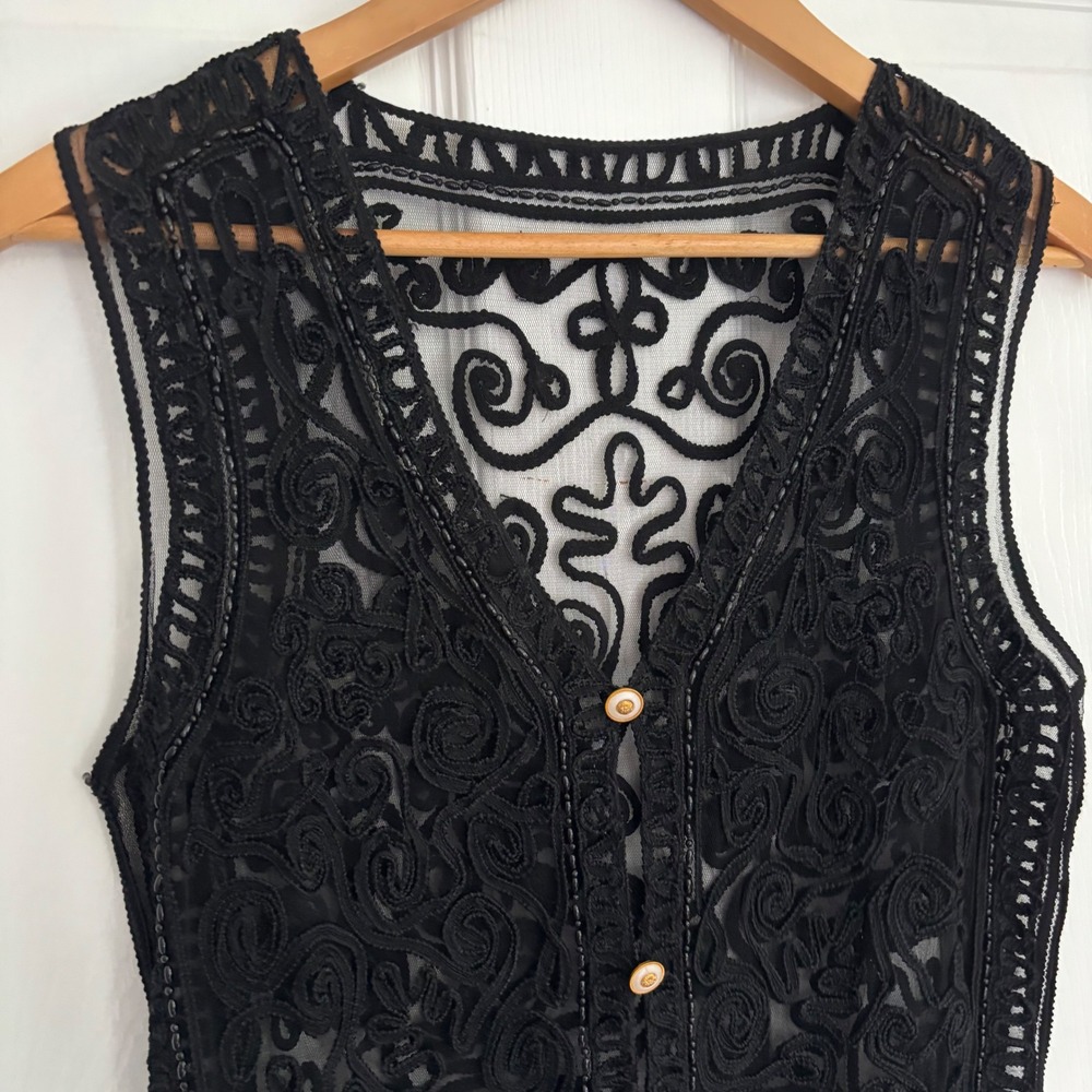 Soutache Beaded Mesh Vest Womens M Black Excellent Vintage Style Boho - Picture 2 of 5
